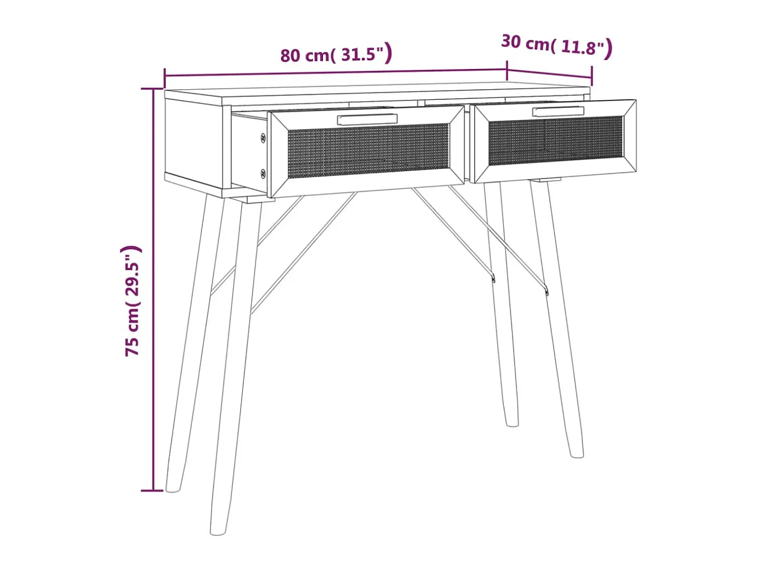 vidaxl Mesa consola 80x30x75 cm pinho maciço e vime natural^ Consola