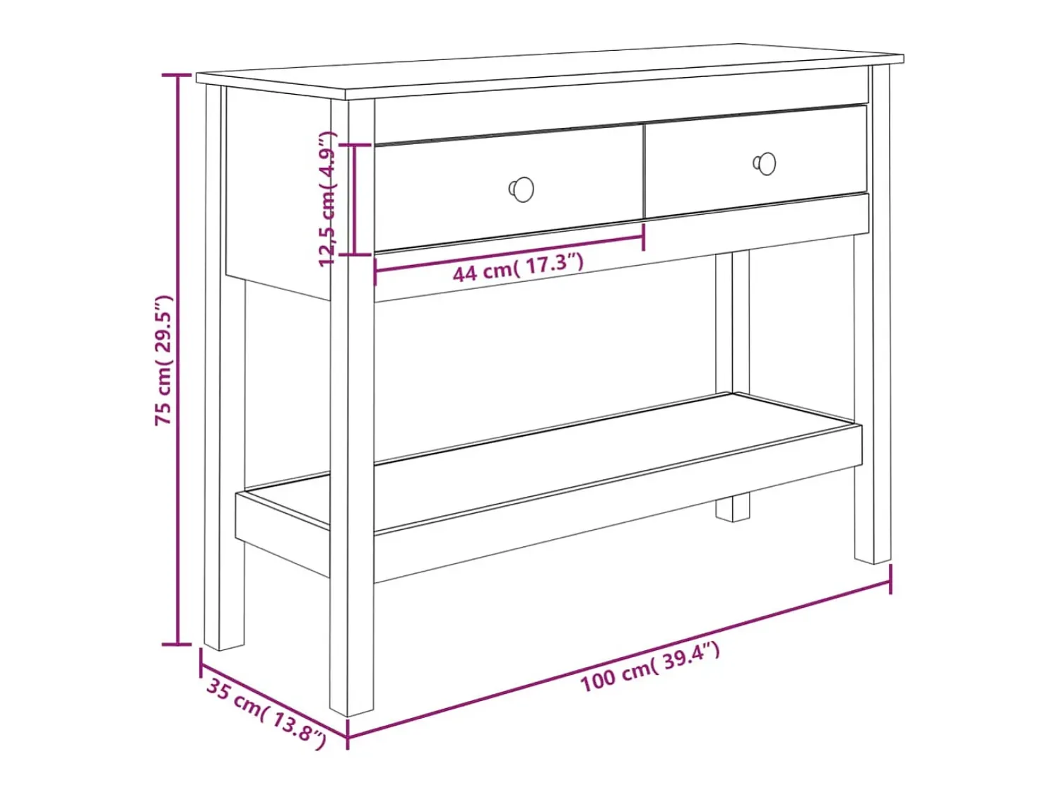 Consola|vidaxl Mesa consola 100x35x75 cm pinho maciço Branco