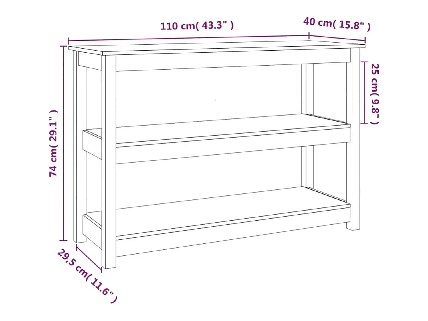 vidaxl Mesa consola 110x40x74 cm pinho maciço^ Consola