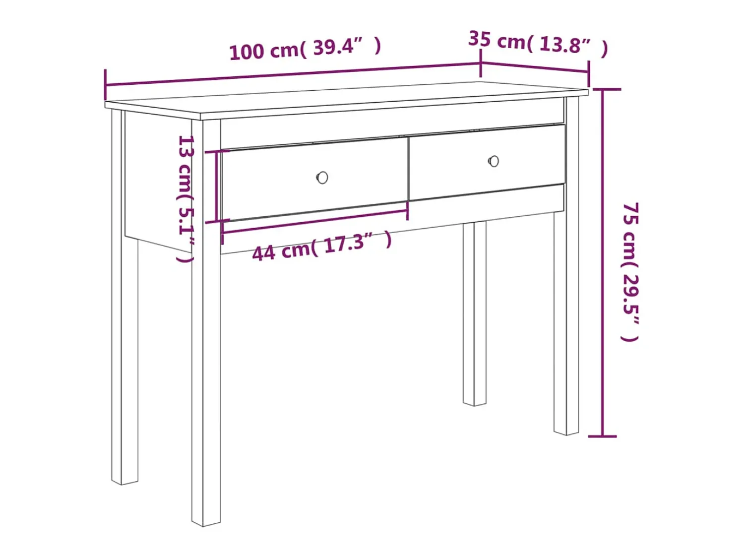 vidaxl Mesa consola 100x35x75 cm pinho maciço^ Consola