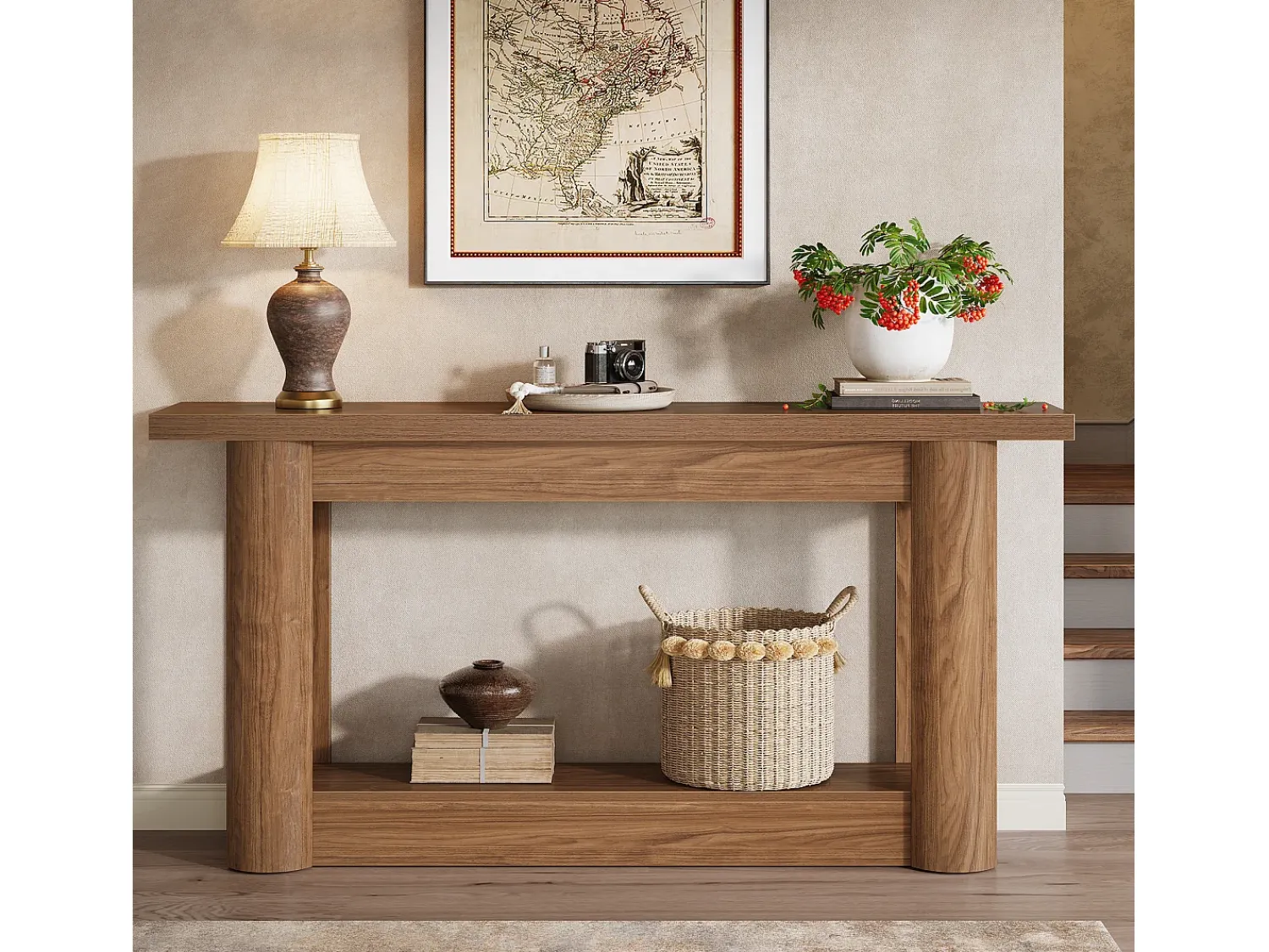 Consola|Tribesigns Mesa console de 160 cm, com dois níveis de comprimento, mesa de corredor com armazenamento, marrom rústico Castanho