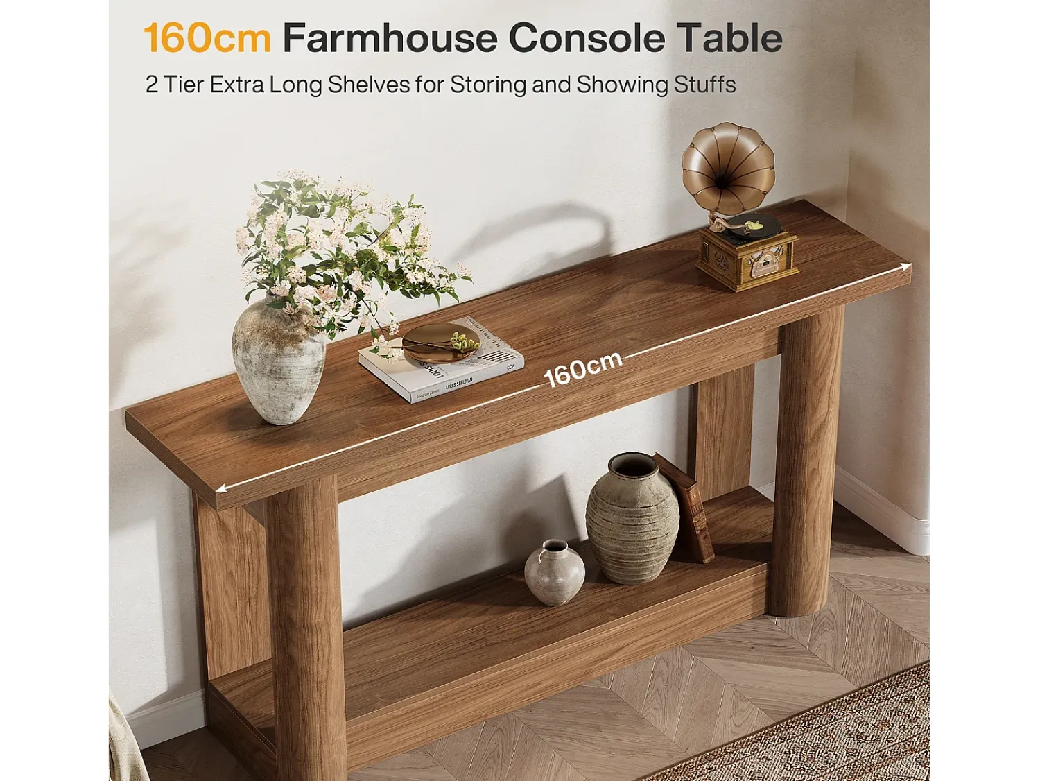Consola|Tribesigns Mesa console de 160 cm, com dois níveis de comprimento, mesa de corredor com armazenamento, marrom rústico Castanho