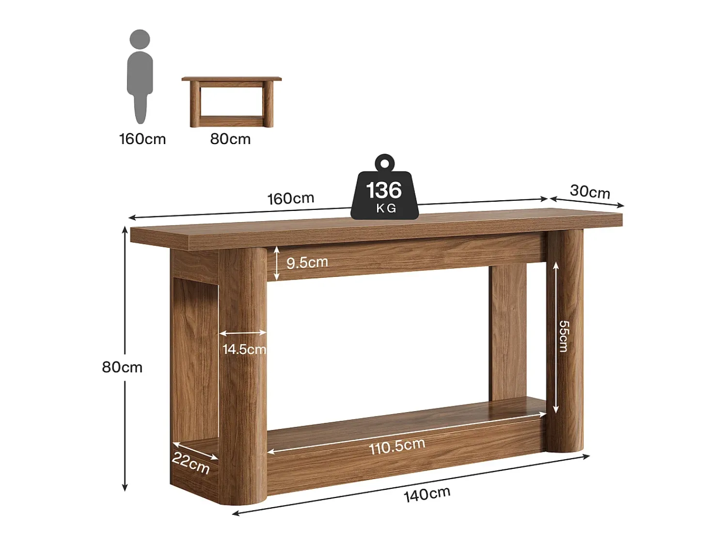 Consola|Tribesigns Mesa console de 160 cm, com dois níveis de comprimento, mesa de corredor com armazenamento, marrom rústico Castanho