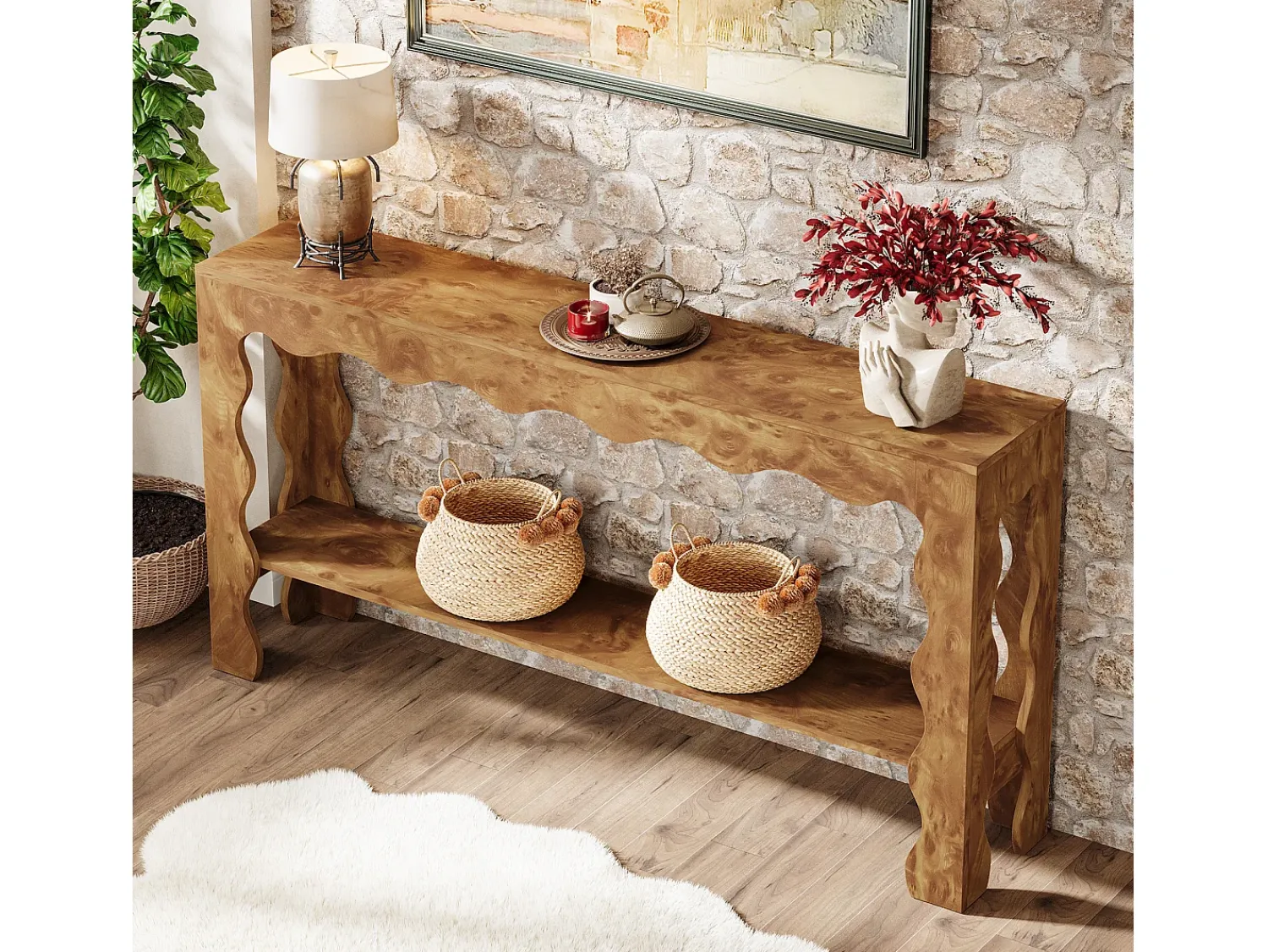 Consola|Tribesigns Mesa console de 160 cm, mesa de entrada estreita com dois níveis e pés franjados Castanho