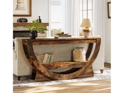 Consola|Tribesigns Mesa Console de 160 cm, Mesa de entrada industrial com dois corrediços e prateleiras de armazenamento Castanho