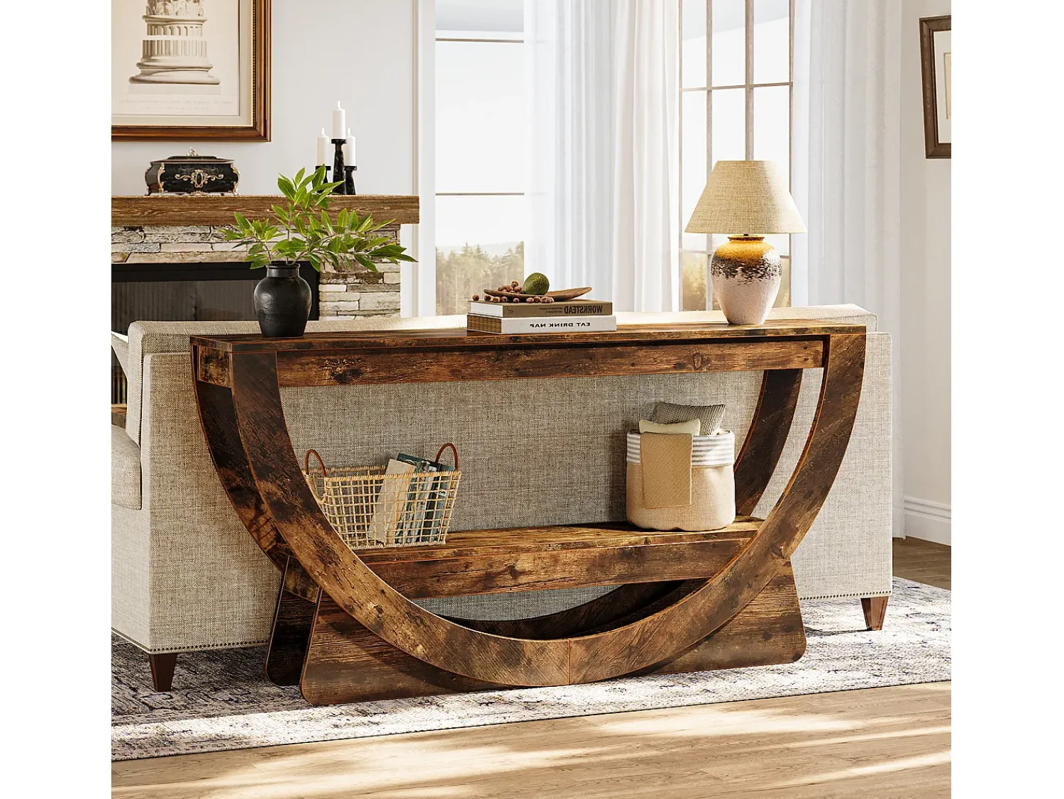 Consola|Tribesigns Mesa Console de 160 cm, Mesa de entrada industrial com dois corrediços e prateleiras de armazenamento Castanho