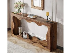 Discount Tribesigns Mesa console de madeira de 160 cm com armazenamento, mesa de apoio para sofá atrás do sofá, mesa de entrada longa, mesa console estreita Castanho