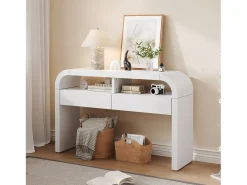 Discount ModernLuxe Mesa console 120x35,5x76,5cm - con 2 gavetas - Cantos arredondados - prateleiras abertas - MDF - Branco