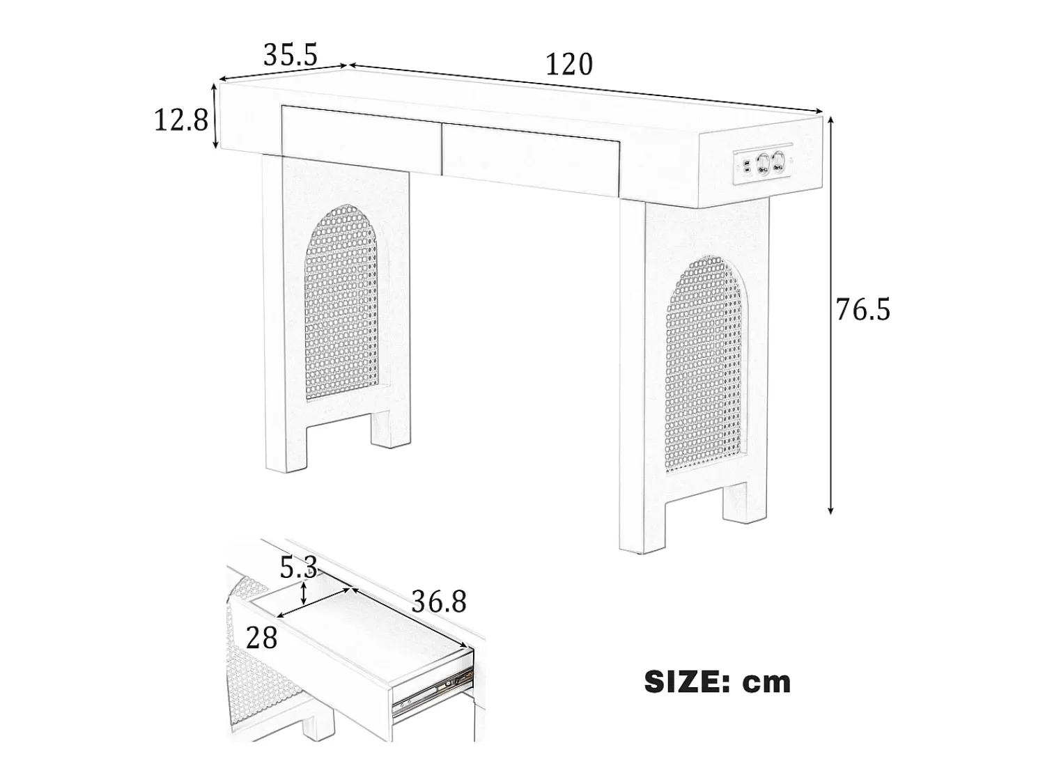 ModernLuxe Mesa console 120x35,5x76,5cm - con 2 gavetas - con tomada de corrente - MDF -^ Consola