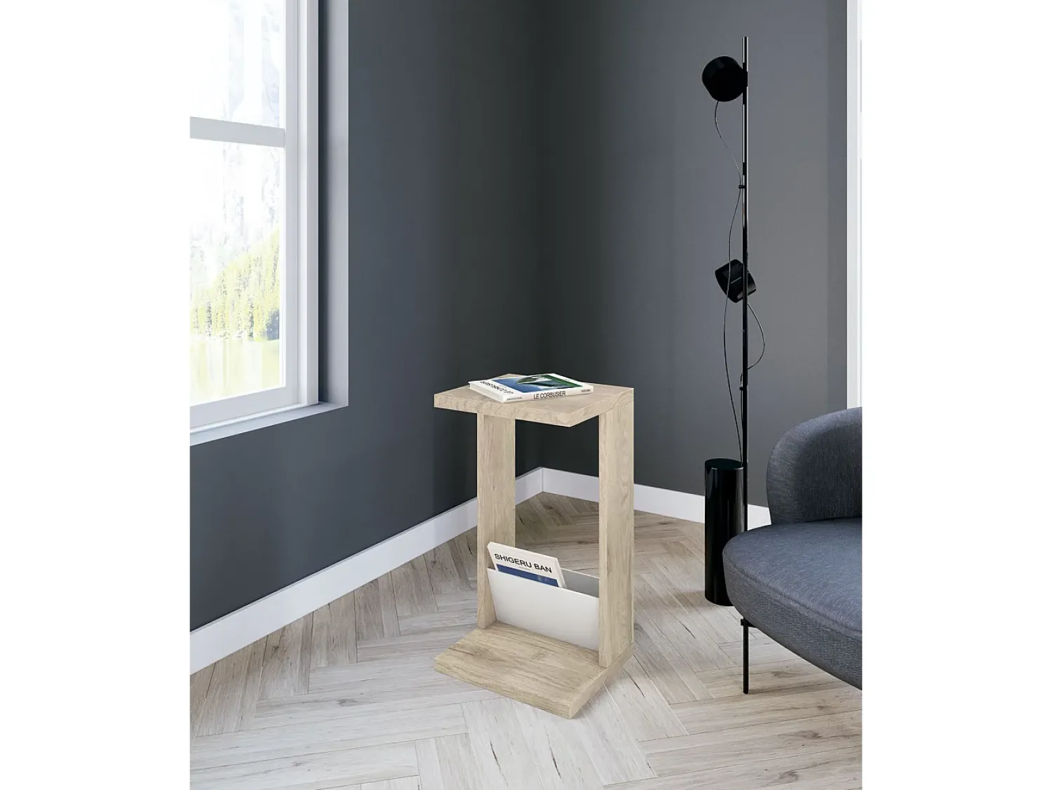 Herdasa Mesa de apoio - A70cm x L40cm x P35cm carvalho claro e branco -Trébol^ Mesa De Apoio