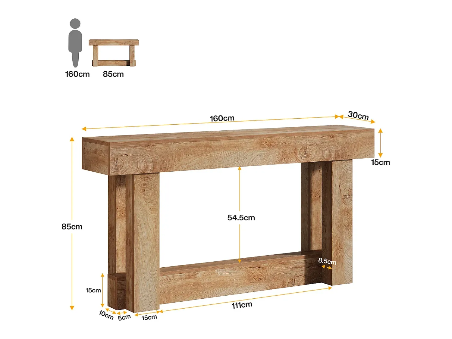 Hot Tribesigns Mesa de apoio de 160 cm, Mesa de entrada de dois andares, mesa auxiliar retangular de madeira para trás do sofá Castanho