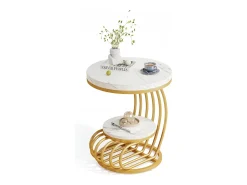 Mesa De Apoio|Tribesigns Mesa de apoio em mármore artificial de dois andares, Mesa de cabeceira moderna em ouro com moldura em forma de arco em metal para sala (1 unidade) Branco