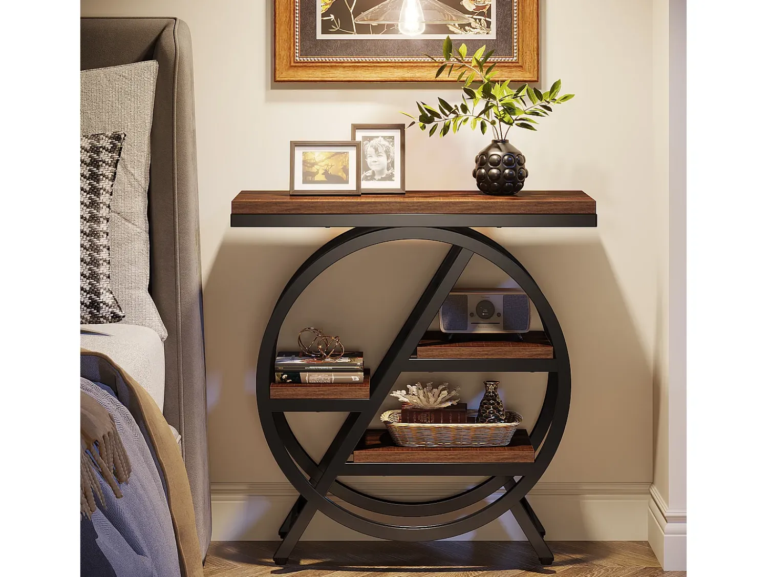 Tribesigns Mesa de apoio estreita com 3 níveis para sala de estar, mesa de apoio em madeira com estrutura geométrica de metal, mesa de cabeceira industrial e mesa de cabeceira Castanho