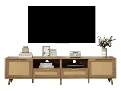 Mesa de apoio para TV em rattan (200x37x49cm) com pés de madeira maciça^ Móvel De Tv