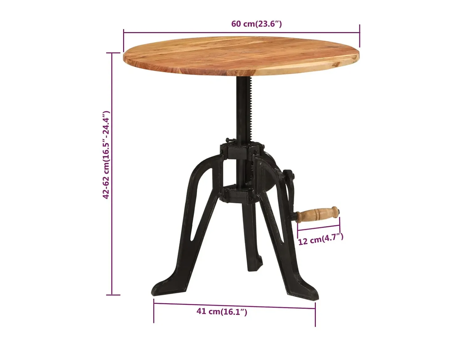 Hot vidaxl Mesa de apoio 60x(42-62) cm acácia maciça e ferro fundido Castanho
