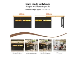 Merax Mesa de bar extensível - 120/180 x 75,8 cm - com LEDs + 3 portas - rotação 360° - MDF - preta^ Móvel De Bar