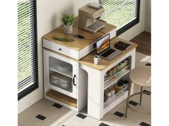 Online Merax Mesa de bar extensível com tampo removível - 80 x 71/111/151 x 92 cm - com porta + gaveta - MDF + vidro - + natural Branco