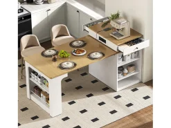 Online Merax Mesa de bar extensível com tampo removível - 80 x 71/111/151 x 92 cm - com porta + gaveta - MDF + vidro - + natural Branco