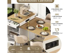 Online Merax Mesa de bar extensível com tampo removível - 80 x 71/111/151 x 92 cm - com porta + gaveta - MDF + vidro - + natural Branco