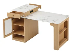 Merax Mesa de bar extensível com tampo removível - 80 x 71/111/151 x 92 cm - com porta + gaveta - MDF + vidro - cor natural^ Móvel De Bar