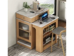 Merax Mesa de bar extensível com tampo removível - 80 x 71/111/151 x 92 cm - com porta + gaveta - MDF + vidro - cor natural^ Móvel De Bar