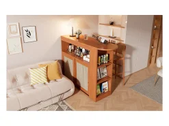 Sale Mesa de bar extensível com trama de rattan, prateleiras ajustáveis e espaço de armazenamento (138-193x39x104cm) Castanho