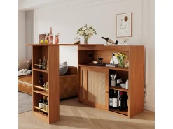 Sale Mesa de bar extensível com trama de rattan, prateleiras ajustáveis e espaço de armazenamento (138-193x39x104cm) Castanho