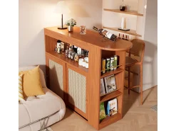 Sale Mesa de bar extensível com trama de rattan, prateleiras ajustáveis e espaço de armazenamento (138-193x39x104cm) Castanho
