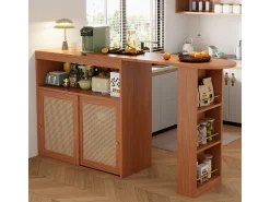 Sale Mesa de bar extensível com trama de rattan, prateleiras ajustáveis e espaço de armazenamento (138-193x39x104cm) Castanho