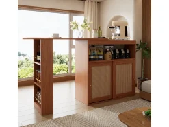 Sale Mesa de bar extensível com trama de rattan, prateleiras ajustáveis e espaço de armazenamento (138-193x39x104cm) Castanho