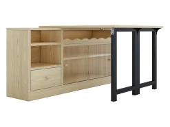 Hauss Spole Mesa de bar extensível e rebatível, mesa de jantar com gaveta e 2 portas de vidro deslizantes, cor natural.^ Móvel De Bar