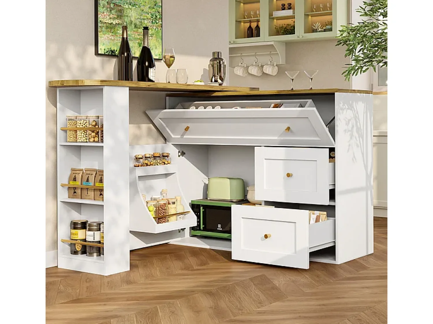 Móvel De Bar*DripeX Mesa de Bar extensível giratória - com 2 portas, 2 gavetas e 3 nichos - MDF - 138/204×39×105cm - Branco