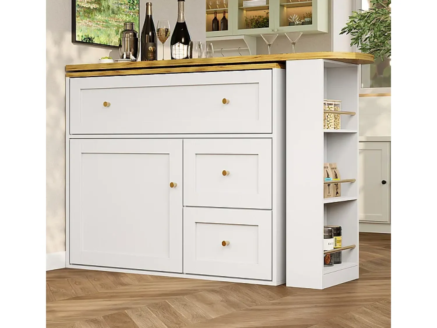 Móvel De Bar*DripeX Mesa de Bar extensível giratória - com 2 portas, 2 gavetas e 3 nichos - MDF - 138/204×39×105cm - Branco