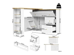 Móvel De Bar*DripeX Mesa de Bar extensível giratória - com 2 portas, 2 gavetas e 3 nichos - MDF - 138/204×39×105cm - Branco