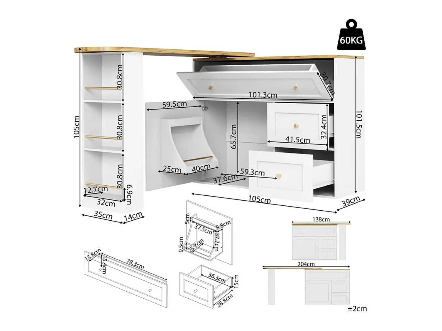 Móvel De Bar*DripeX Mesa de Bar extensível giratória - com 2 portas, 2 gavetas e 3 nichos - MDF - 138/204×39×105cm - Branco