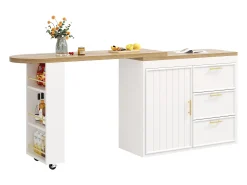 Móvel De Bar|Merax Mesa de bar giratória 360° - 128/203 x 39 x 90 cm - com prateleiras + 3 gavetas + porta - MDF + metal - branca Branco