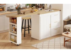 Móvel De Bar|Merax Mesa de bar giratória 360° - 128/203 x 39 x 90 cm - com prateleiras + 3 gavetas + porta - MDF + metal - branca Branco