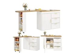 Móvel De Bar|Merax Mesa de bar giratória 360° - 128/203 x 39 x 90 cm - com prateleiras + 3 gavetas + porta - MDF + metal - branca Branco
