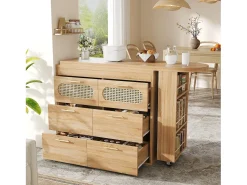 Best Merax Mesa de bar giratória 360° - 128/203 x 39 x 90 cm - com prateleiras + 6 gavetas e portas em rattan - MDF + metal - cor natural Natural claro