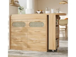 Best Merax Mesa de bar giratória 360° - 128/203 x 39 x 90 cm - com prateleiras + 6 gavetas e portas em rattan - MDF + metal - cor natural Natural claro