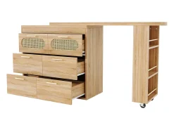 Best Merax Mesa de bar giratória 360° - 128/203 x 39 x 90 cm - com prateleiras + 6 gavetas e portas em rattan - MDF + metal - cor natural Natural claro
