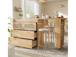 Best Merax Mesa de bar giratória 360° - 128/203 x 39 x 90 cm - com prateleiras + 6 gavetas e portas em rattan - MDF + metal - cor natural Natural claro