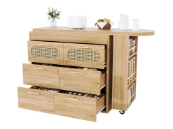 Best Merax Mesa de bar giratória 360° - 128/203 x 39 x 90 cm - com prateleiras + 6 gavetas e portas em rattan - MDF + metal - cor natural Natural claro