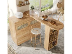 Best Merax Mesa de bar giratória 360° - 128/203 x 39 x 90 cm - com prateleiras + 6 gavetas e portas em rattan - MDF + metal - cor natural Natural claro