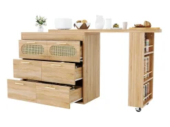 Best Merax Mesa de bar giratória 360° - 128/203 x 39 x 90 cm - com prateleiras + 6 gavetas e portas em rattan - MDF + metal - cor natural Natural claro