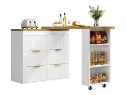Móvel De Bar*Merax Mesa de bar giratória 360° - 128/203 x 39 x 90 cm - com prateleiras + 6 gavetas - MDF + metal - branca Branco