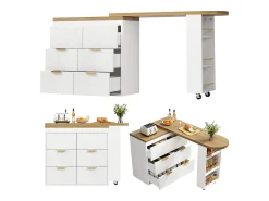 Móvel De Bar*Merax Mesa de bar giratória 360° - 128/203 x 39 x 90 cm - com prateleiras + 6 gavetas - MDF + metal - branca Branco