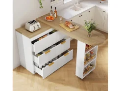 Móvel De Bar*Merax Mesa de bar giratória 360° - 128/203 x 39 x 90 cm - com prateleiras + 6 gavetas - MDF + metal - branca Branco