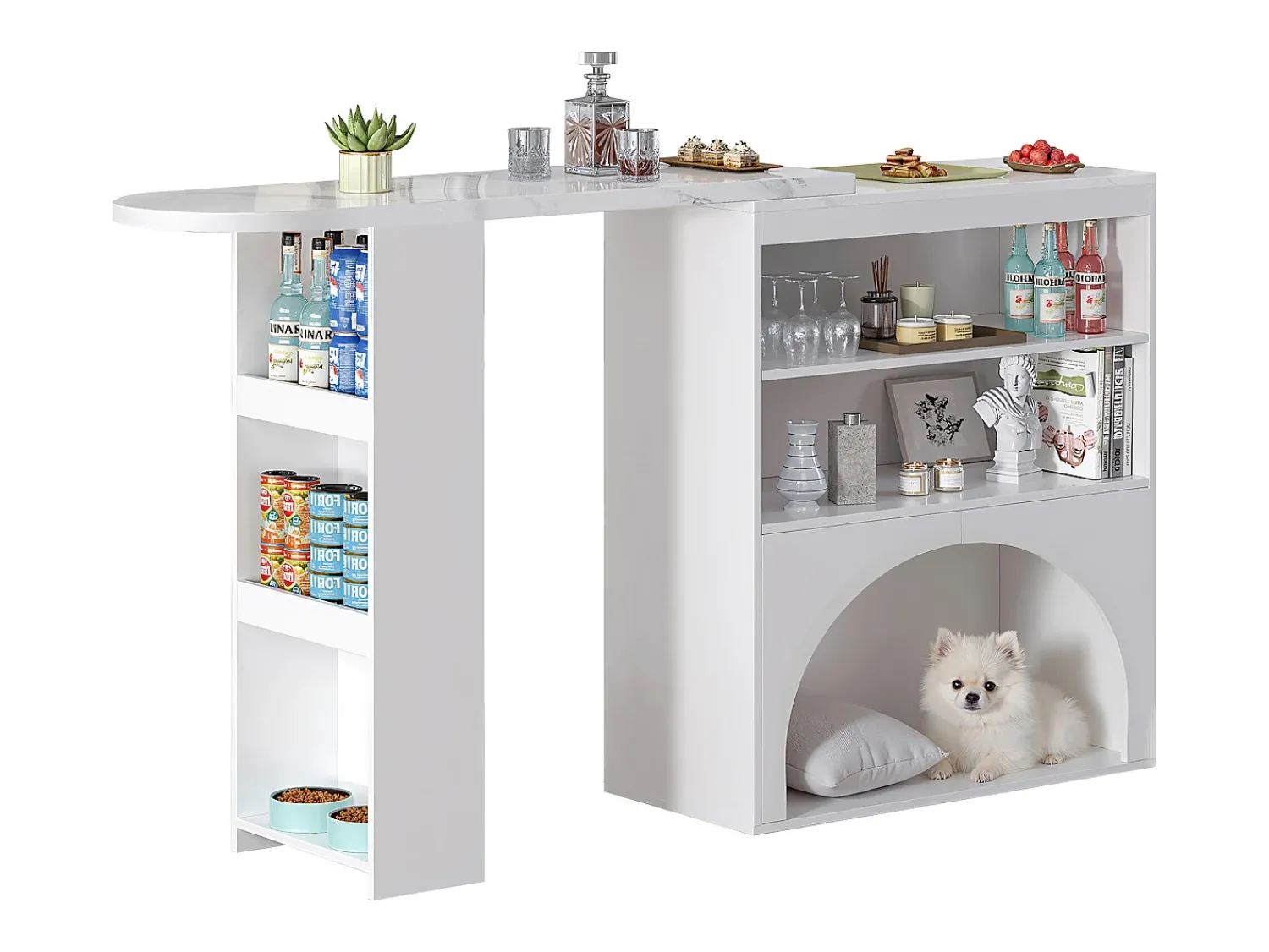 Móvel De Bar*Hauss Spole Mesa de bar giratória com espaço de arrumação e local para animais de estimação - Tampo com efeito mármore - Branco