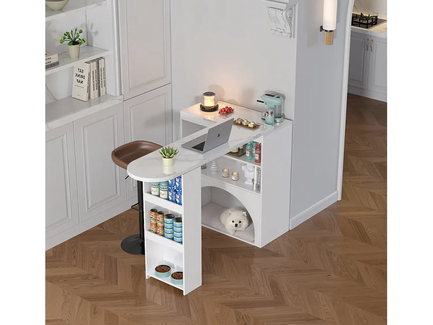 Móvel De Bar*Hauss Spole Mesa de bar giratória com espaço de arrumação e local para animais de estimação - Tampo com efeito mármore - Branco